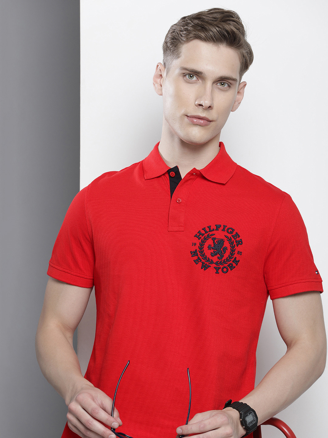 

Tommy Hilfiger Brand Logo Printed Polo Collar Pure Cotton T-shirt, Red