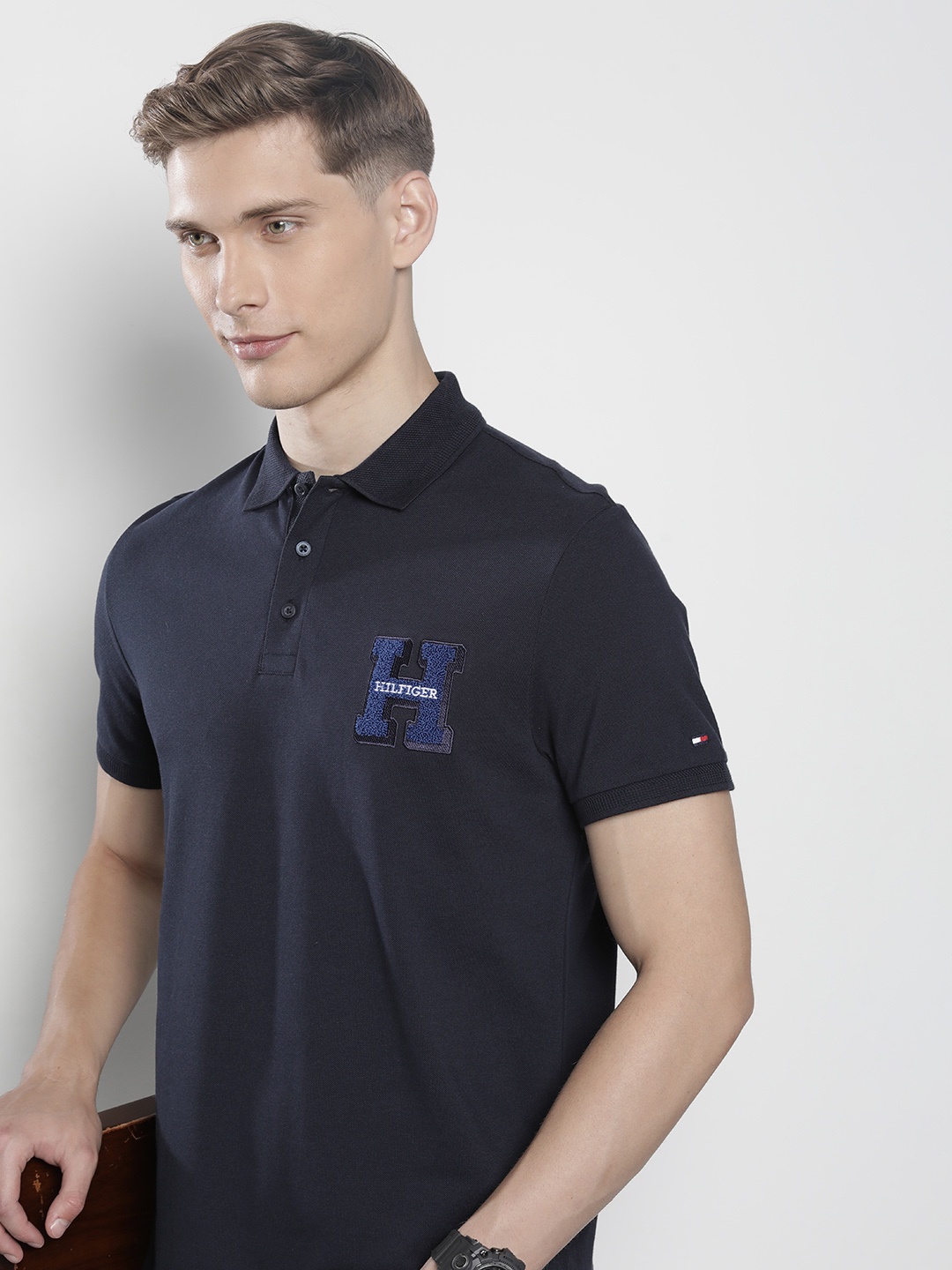 

Tommy Hilfiger Brand Logo Embroidered Polo Collar Pure Cotton T-shirt, Navy blue