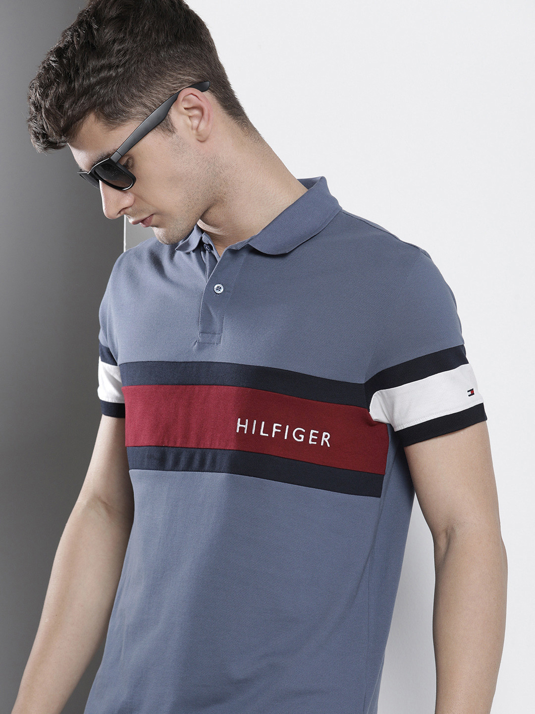 

Tommy Hilfiger Men Striped Polo Collar Pure Cotton T-shirt, Blue