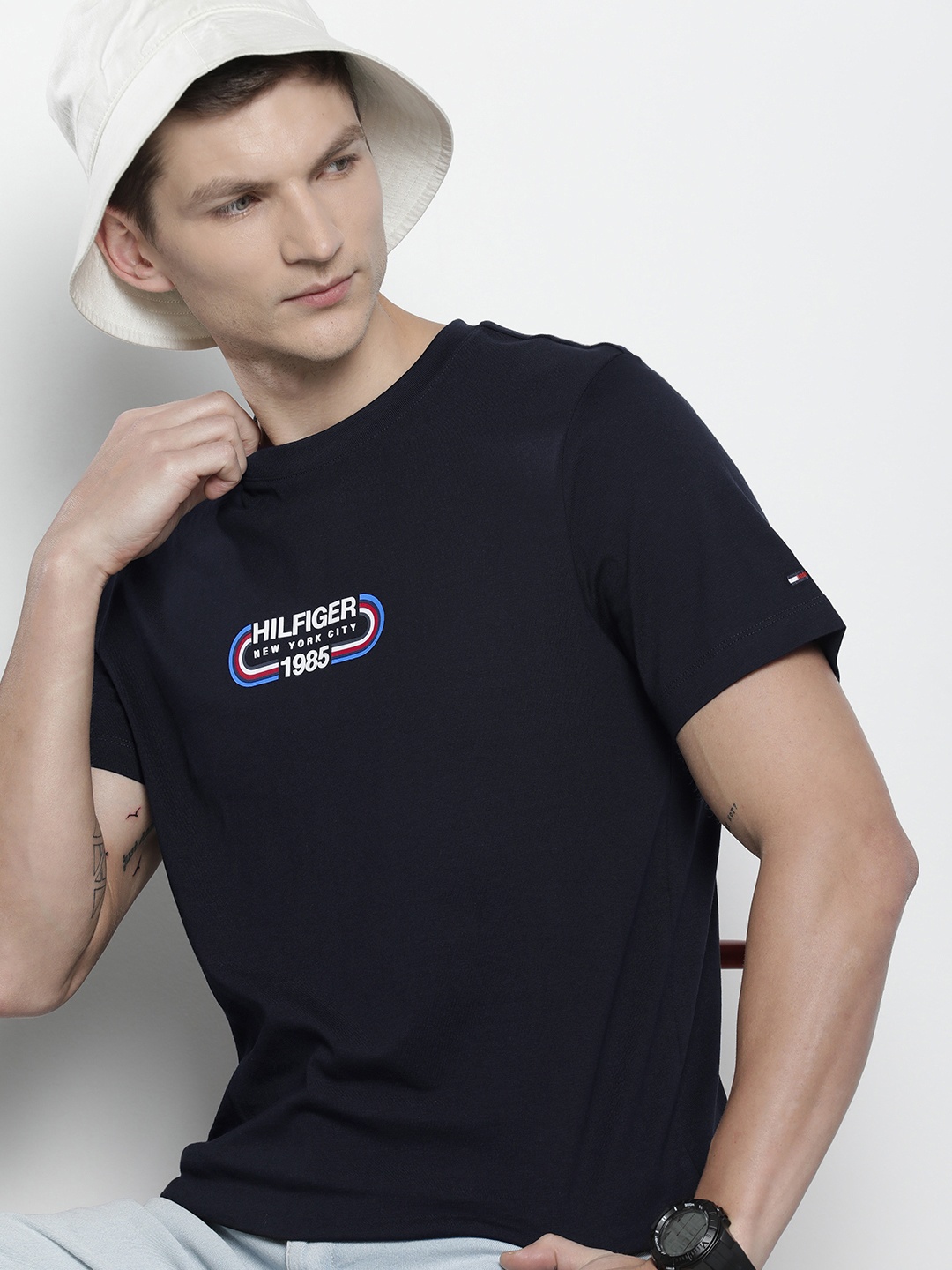 

Tommy Hilfiger Typography Printed Pure Cotton T-shirt, Navy blue