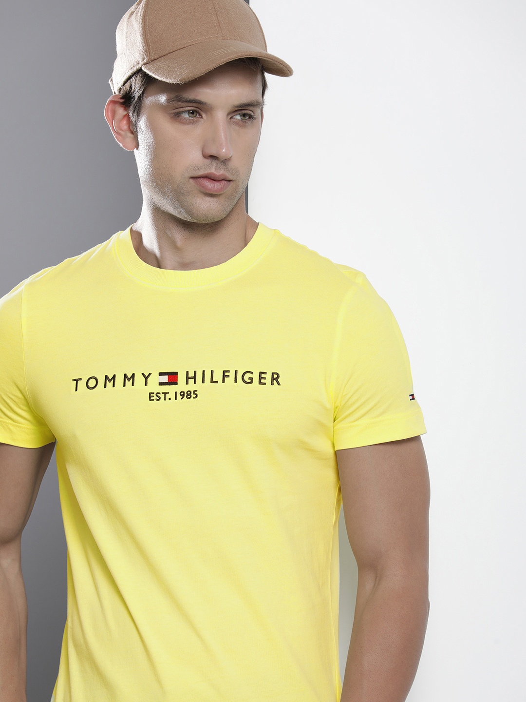 

Tommy Hilfiger Men Brand Logo Printed Pure Cotton Slim Fit T-shirt, Yellow