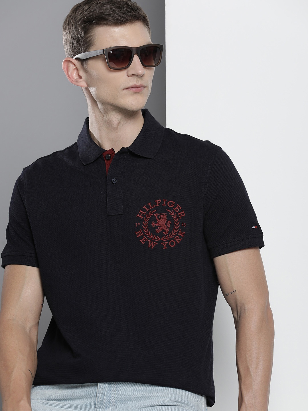 

Tommy Hilfiger Brand Logo Embroidered Polo Collar Pure Cotton T-shirt, Navy blue