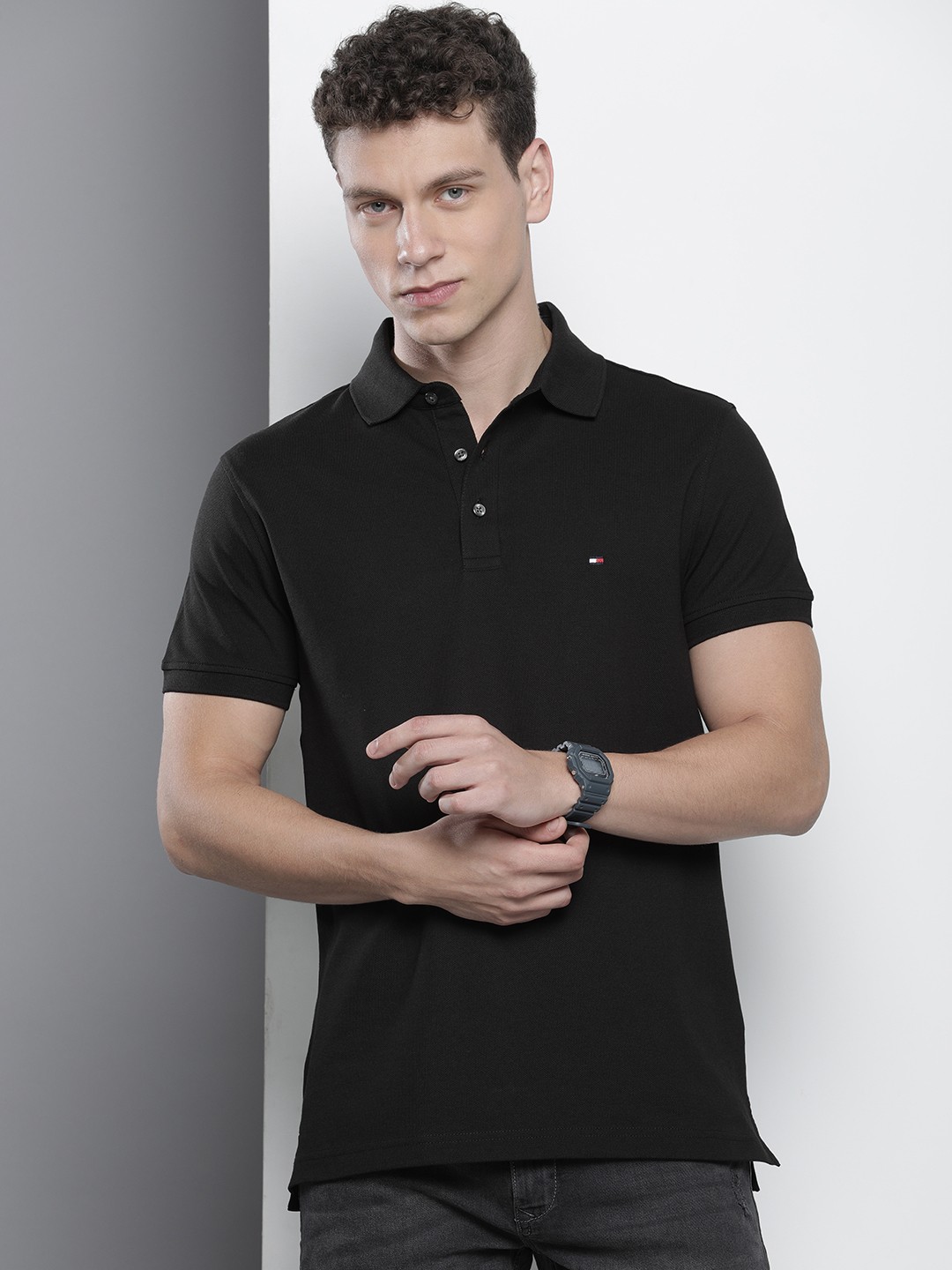 

Tommy Hilfiger Solid Slim Fit Polo Collar Casual T-shirt, Black