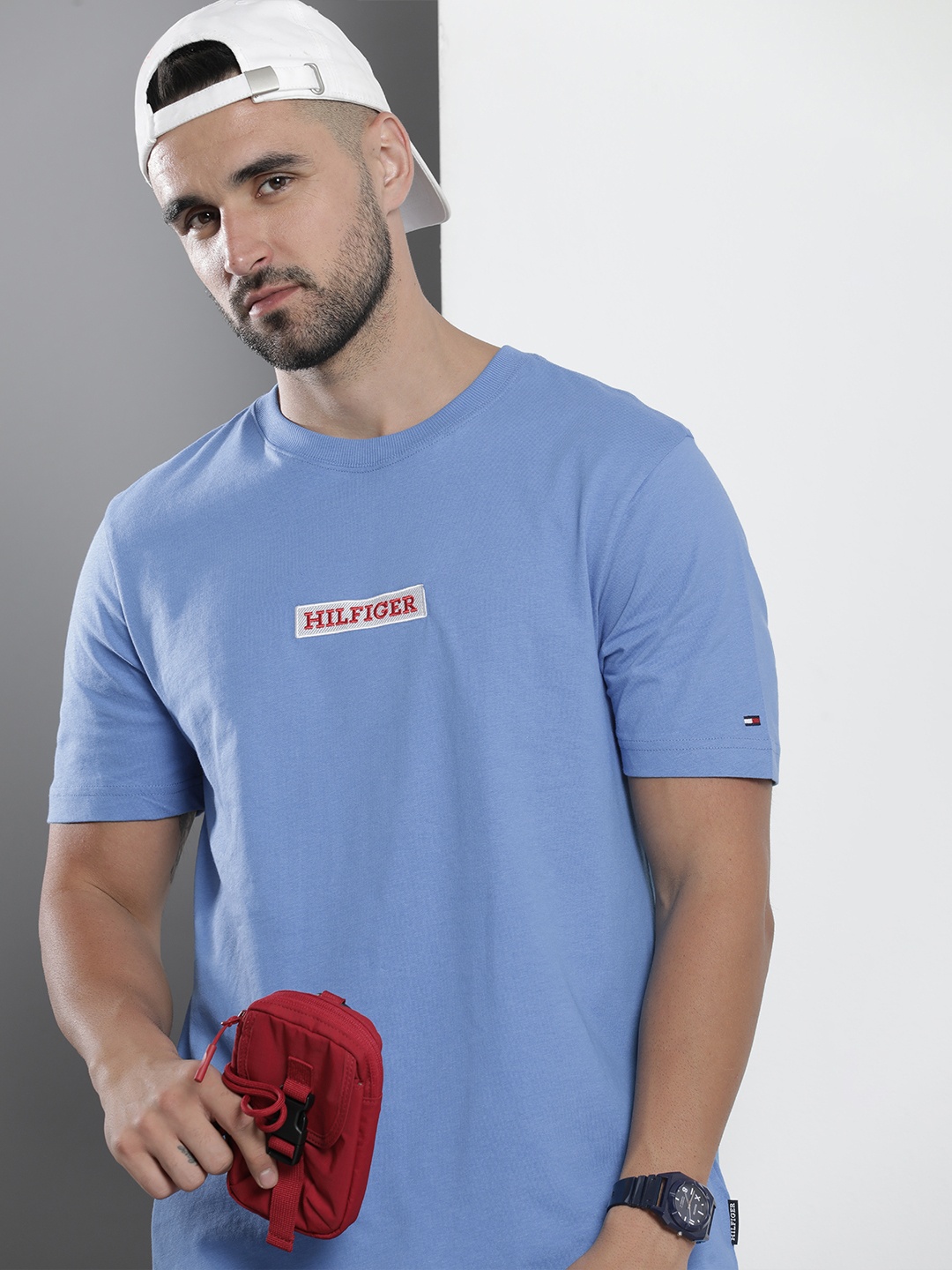

Tommy Hilfiger Pure Cotton Brand Logo Embroidered Casual T-shirt, Blue