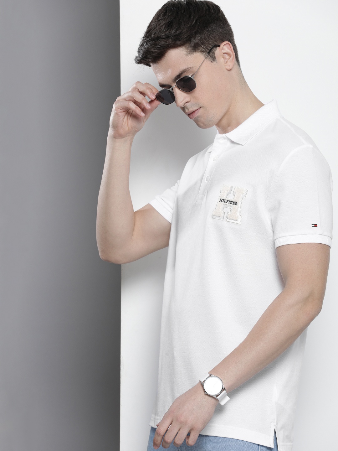 

Tommy Hilfiger Solid Embroidered Polo Collar Pure Cotton T-shirt, White