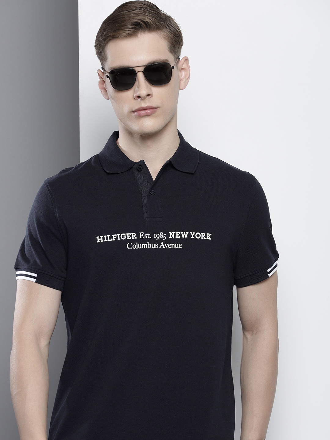 

Tommy Hilfiger Brand Logo Printed Polo Collar Pure Cotton T-shirt, Navy blue