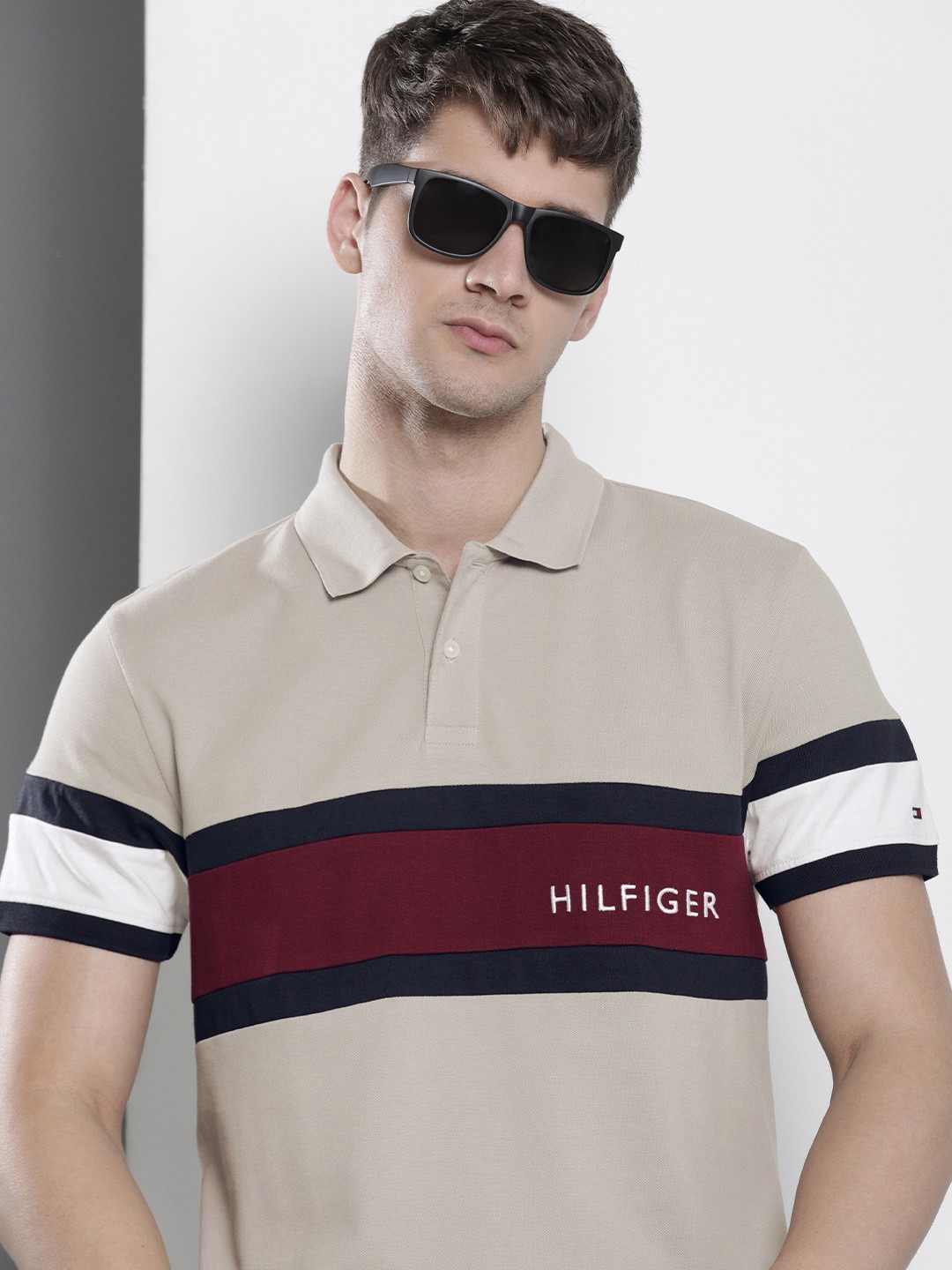 

Tommy Hilfiger Men Striped Polo Collar Pure Cotton T-shirt, Beige