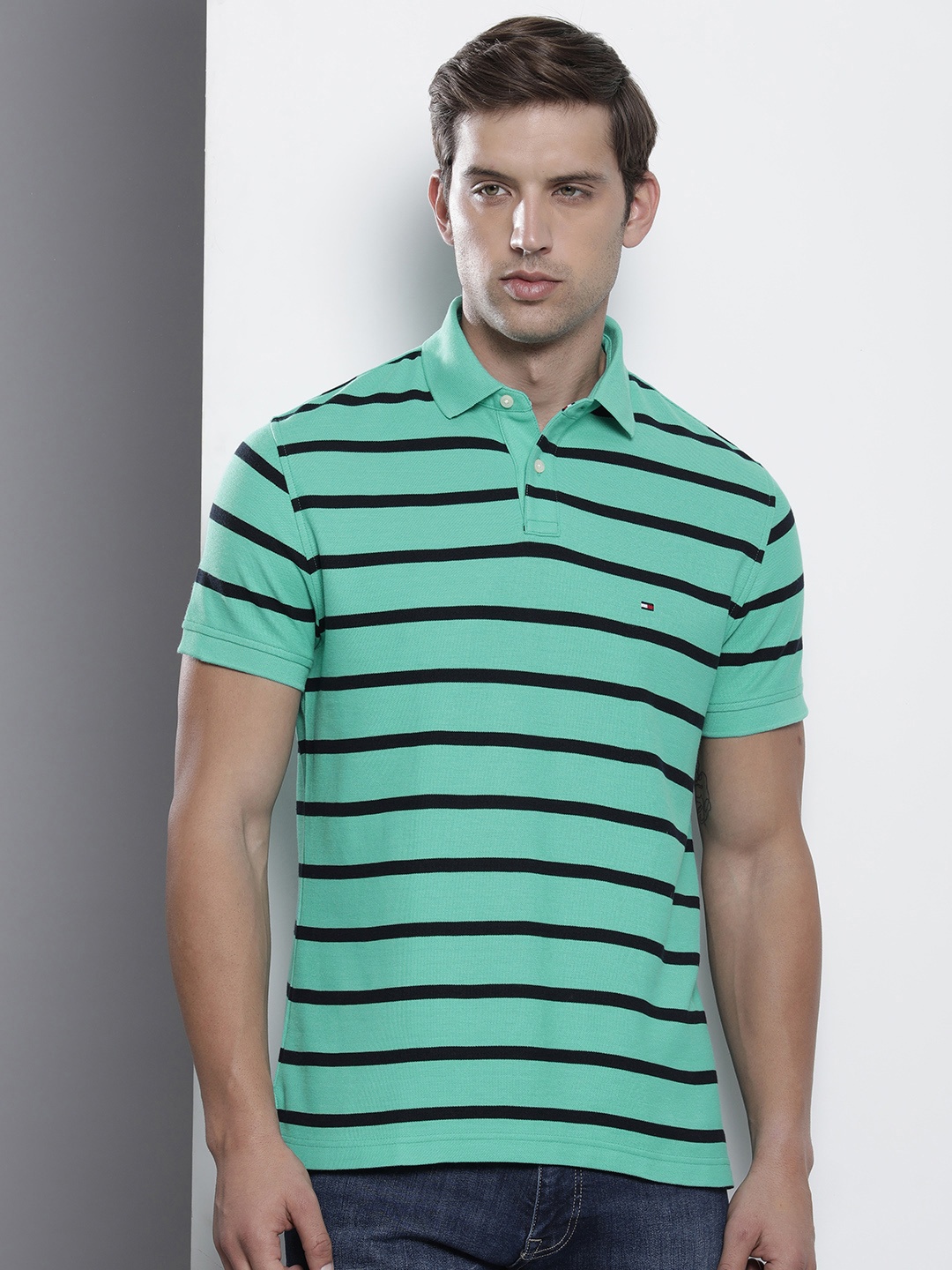 

Tommy Hilfiger Men Striped Polo Collar Pure Cotton T-shirt, Blue