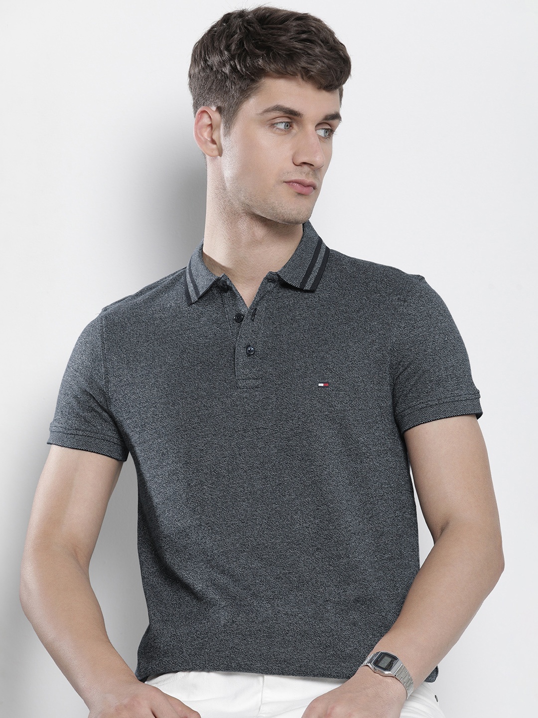 

Tommy Hilfiger Self Design Polo Collar Pure Cotton Slim Fit T-shirt, Navy blue