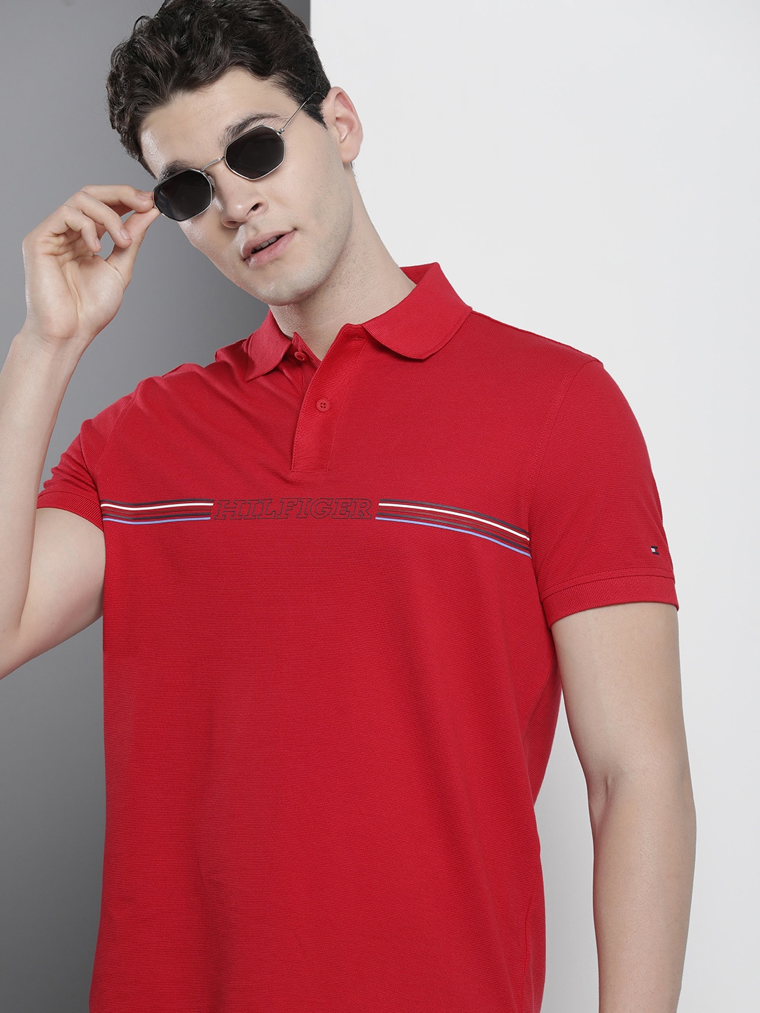 

Tommy Hilfiger Brand Logo Printed Polo Collar Pure Cotton T-shirt, Red