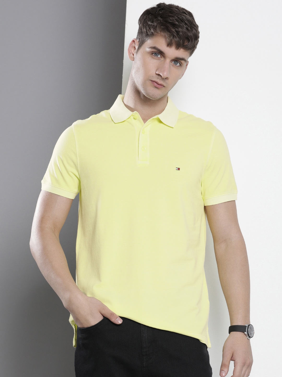 

Tommy Hilfiger Men Polo Collar Pure Cotton T-shirt, Yellow