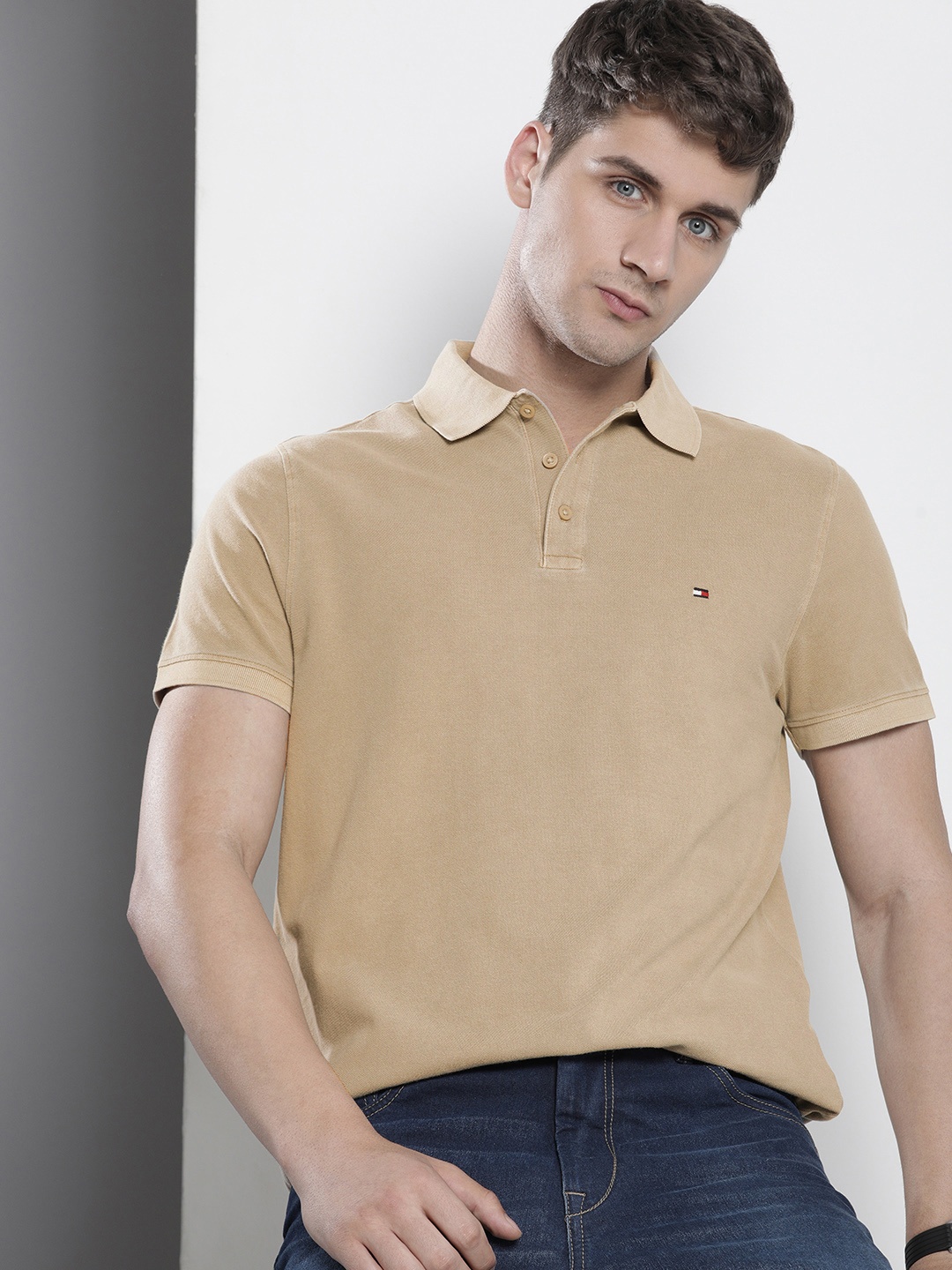 

Tommy Hilfiger Men Polo Collar Pure Cotton T-shirt, Beige