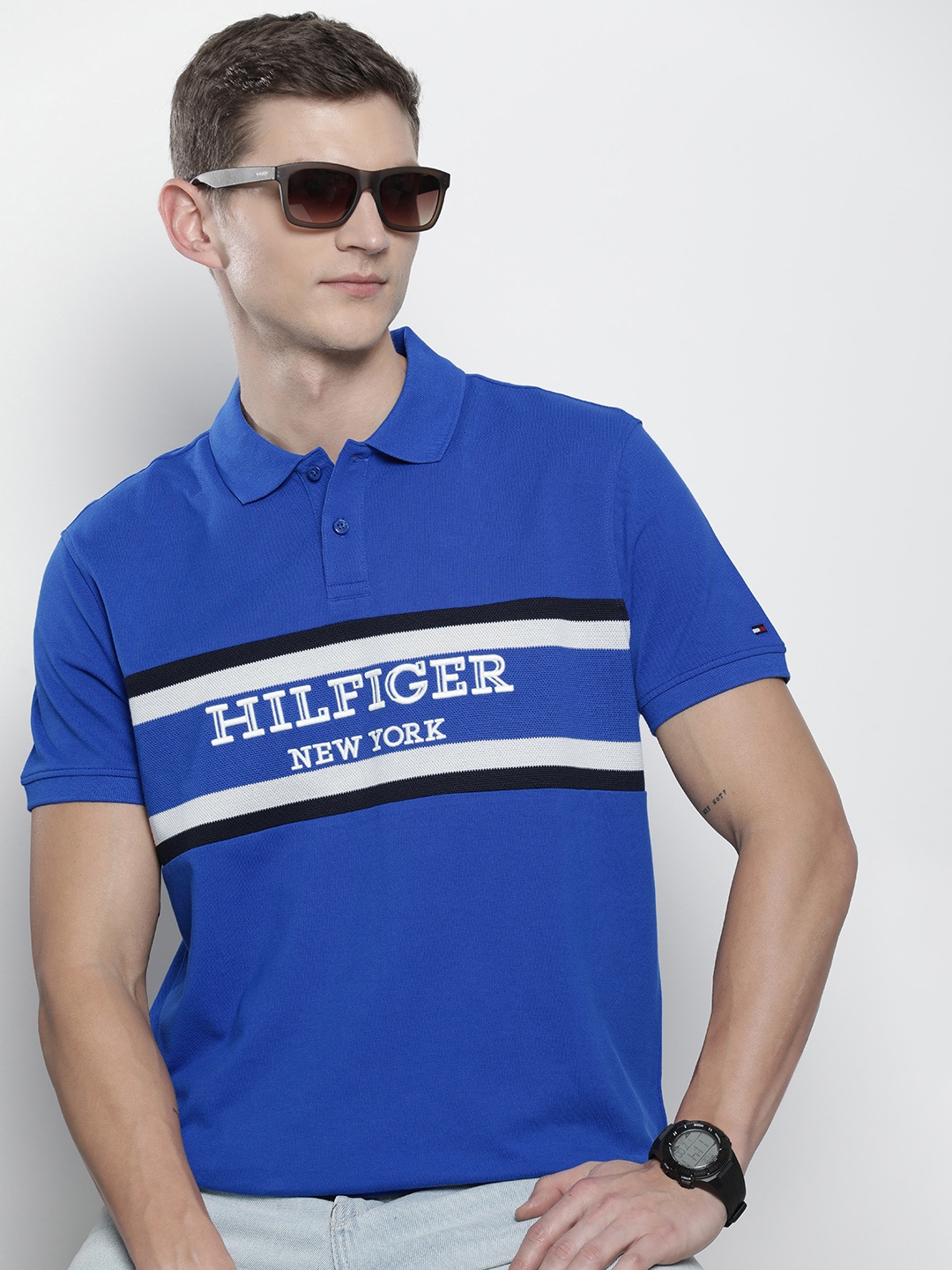 

Tommy Hilfiger Brand Logo Embroidered Polo Collar Pure Cotton T-shirt, Blue