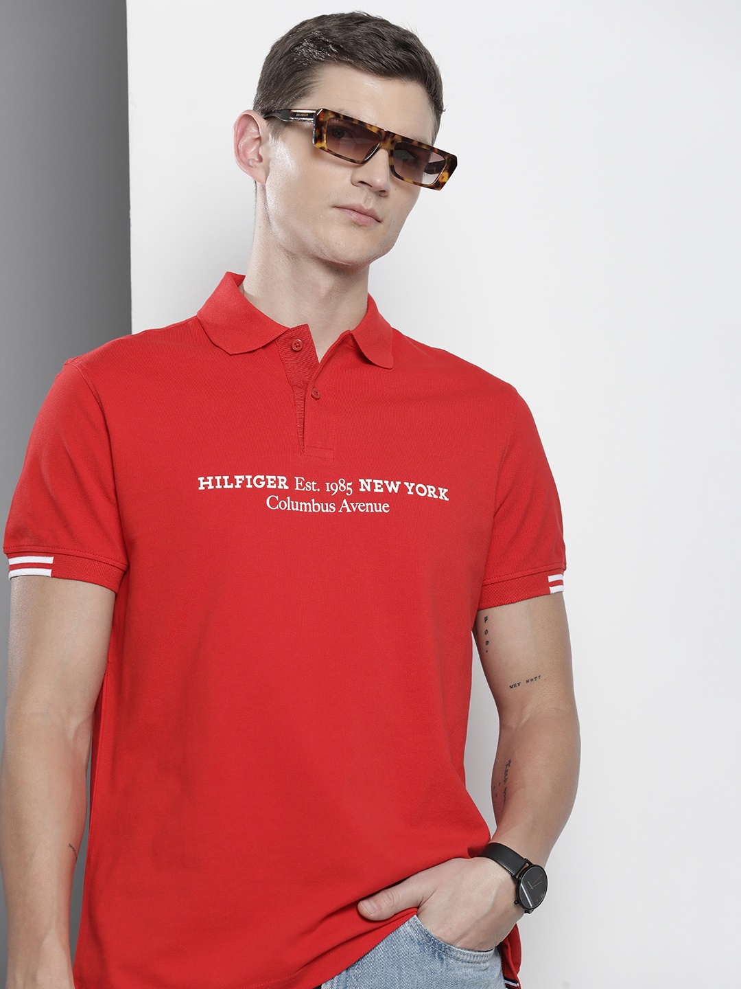 

Tommy Hilfiger Brand Logo Printed Polo Collar Pure Cotton T-shirt, Red