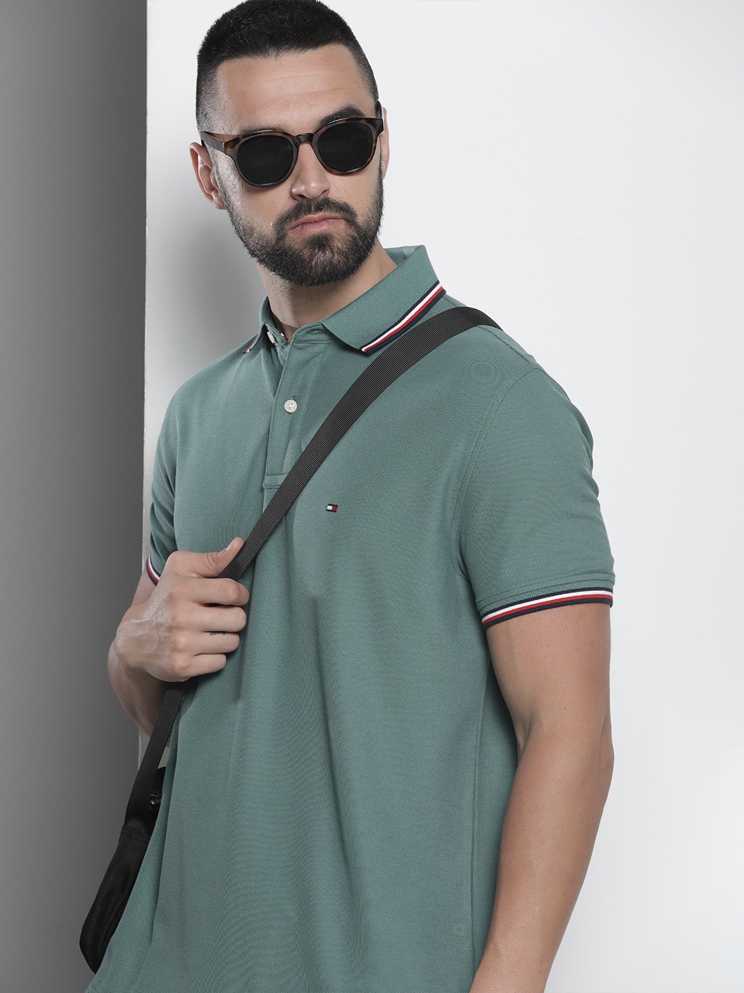 

Tommy Hilfiger Men Polo Collar Pure Cotton T-shirt, Green