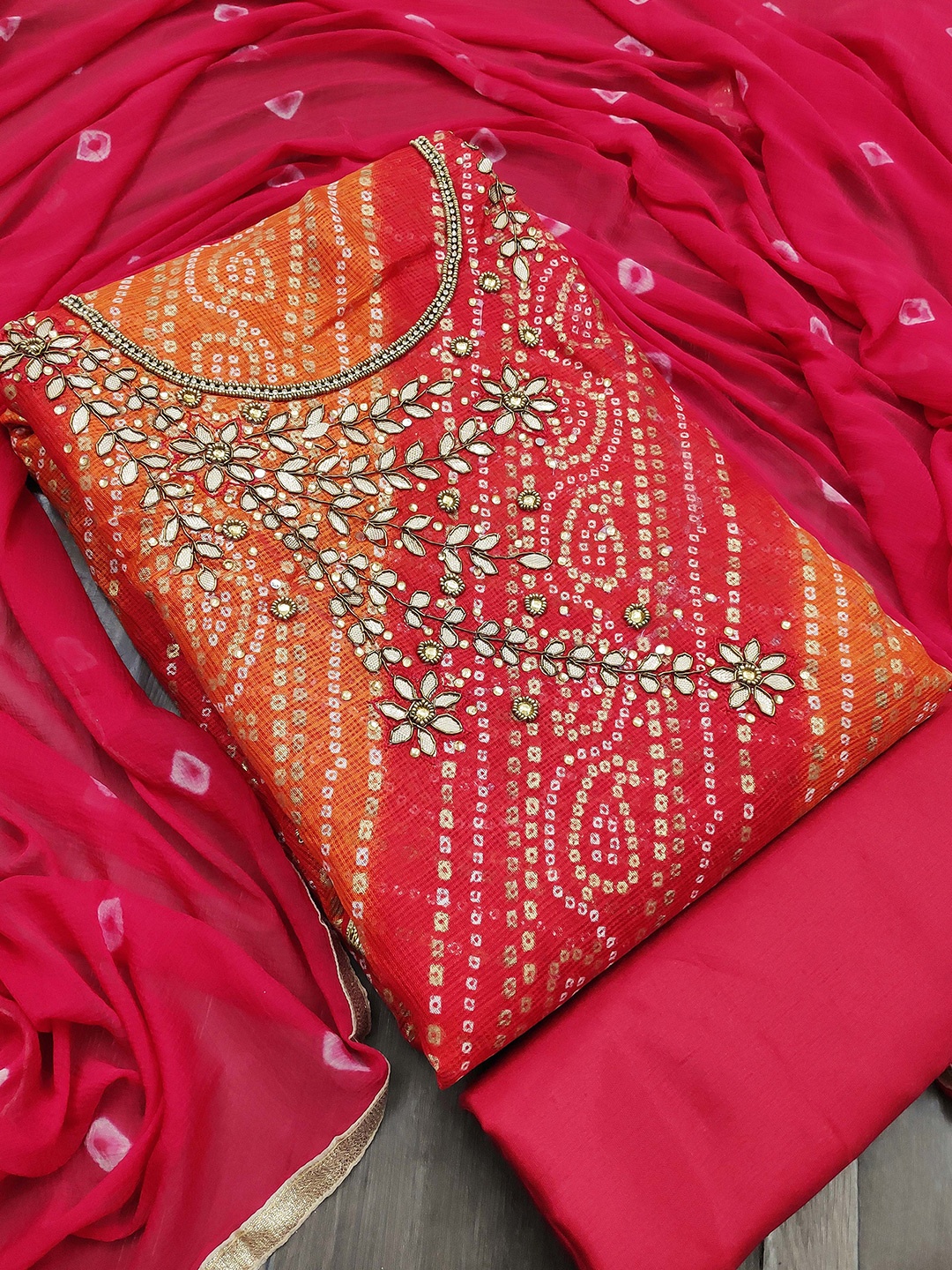

MANVAA Bandhani Printed Beads and Stones Unstitched Dress Material, Pink