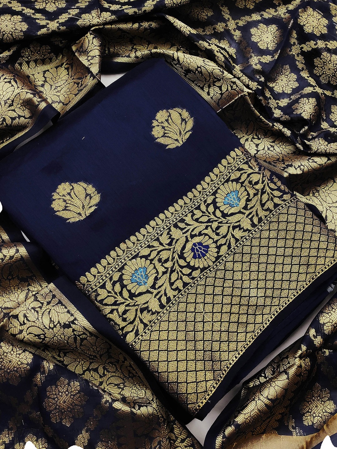 

MANVAA Ethnic Motifs Woven Design Unstitched Dress Material, Navy blue