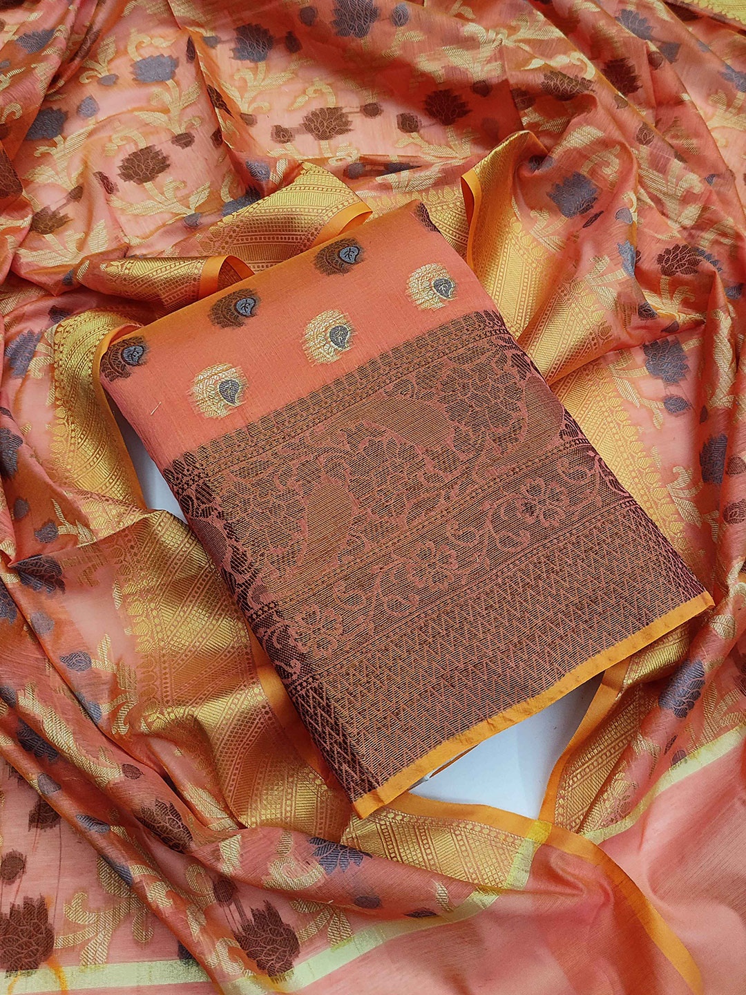 

MANVAA Floral Woven Design Zari Unstitched Dress Material, Peach