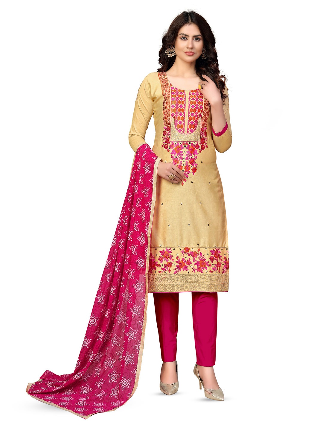 

MANVAA Floral Embroidered Unstitched Dress Material, Beige