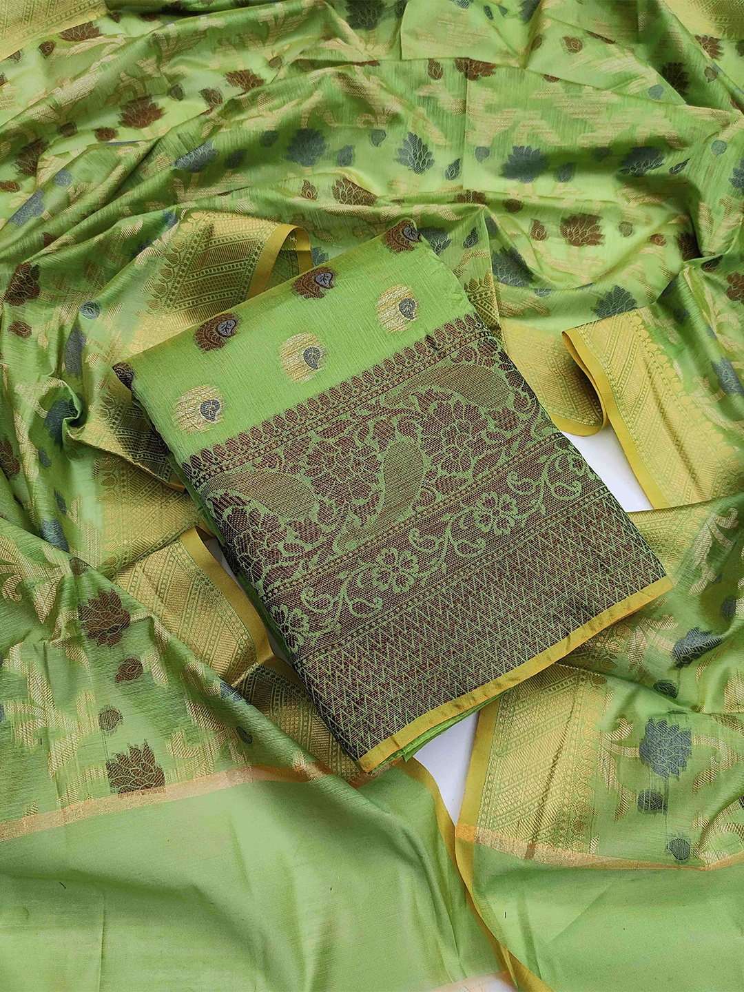 

MANVAA Ethnic Motifs Woven Design Zari Unstitched Dress Material, Green
