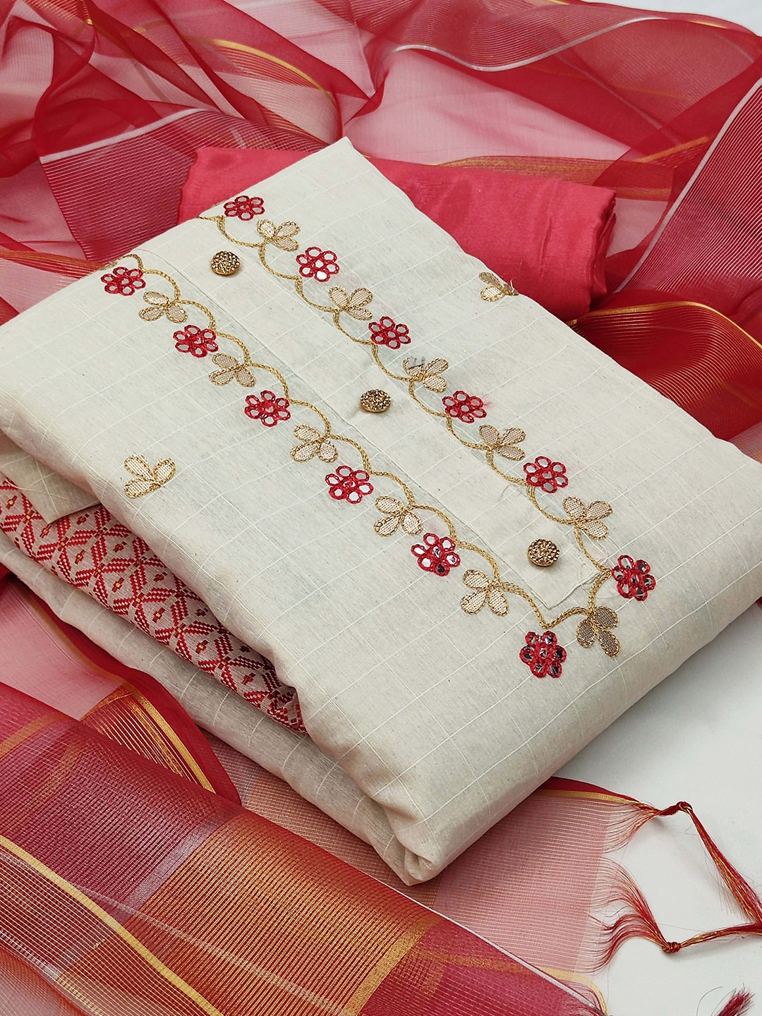 

MANVAA Floral Embroidered Unstitched Modal Chanderi Dress Material, White