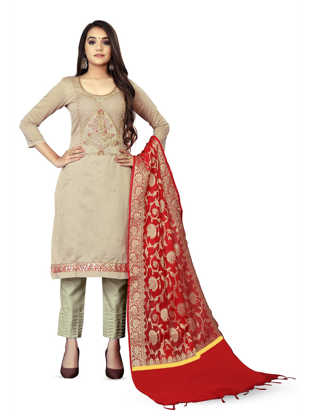 

MANVAA Floral Embroidered Unstitched Dress Material, Grey