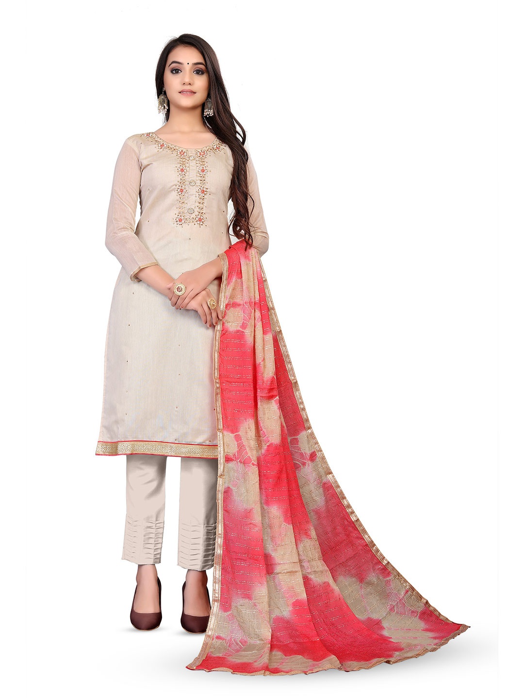 

MANVAA Embellished Unstitched Dress Material, Beige