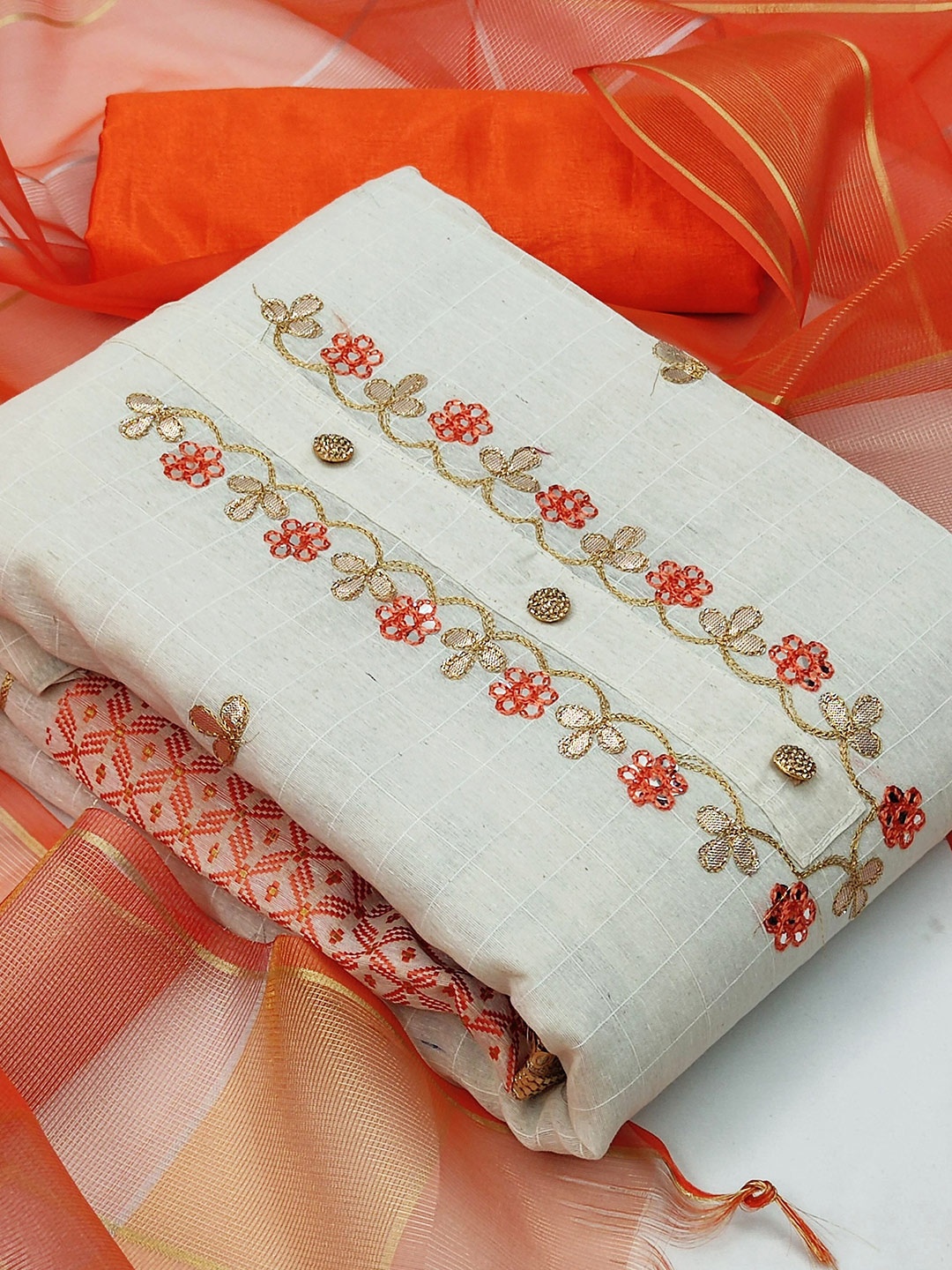 

MANVAA Embellished Unstitched Dress Material, White
