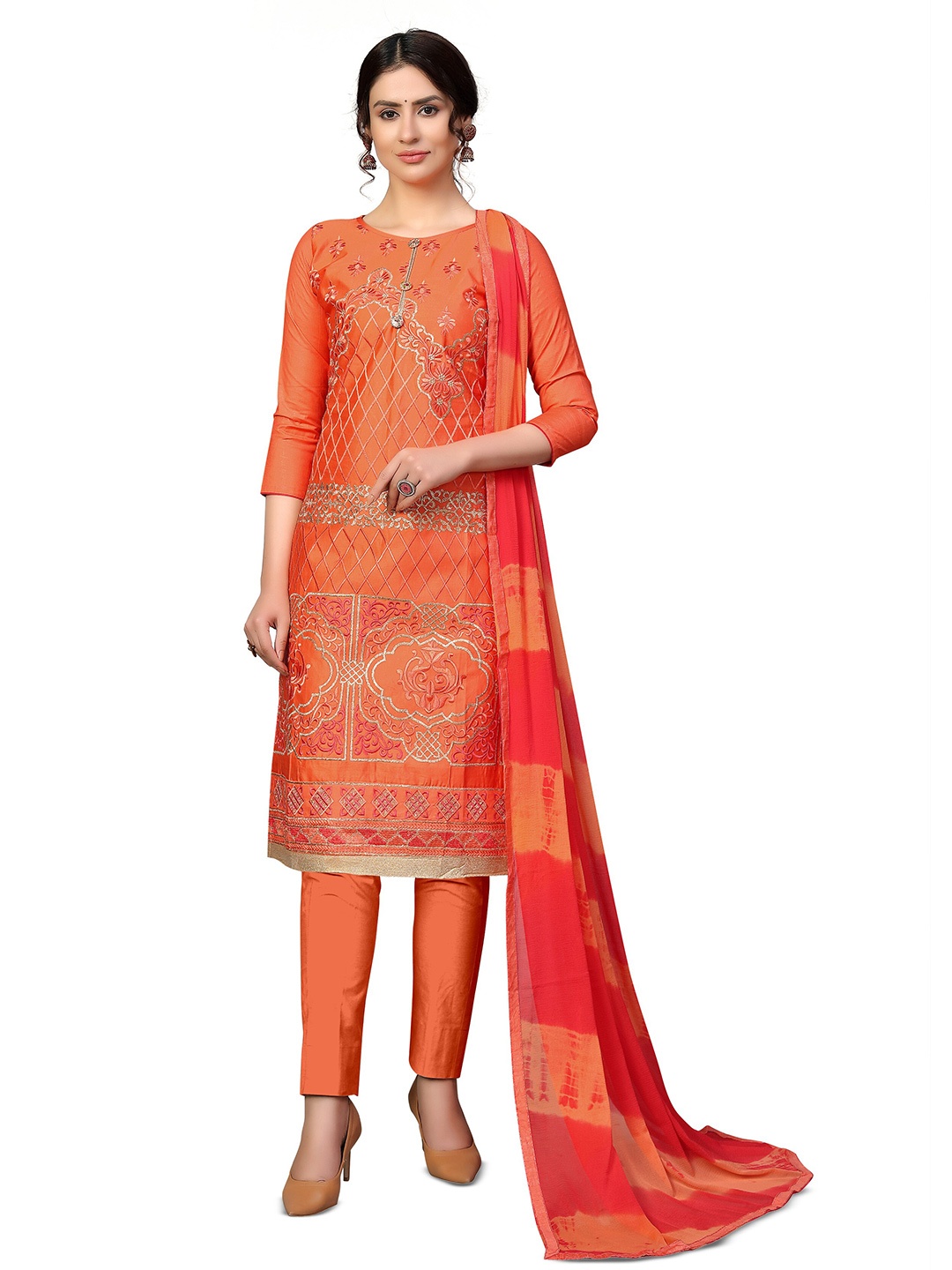 

MANVAA Floral Embellished Unstitched Dress Material, Orange