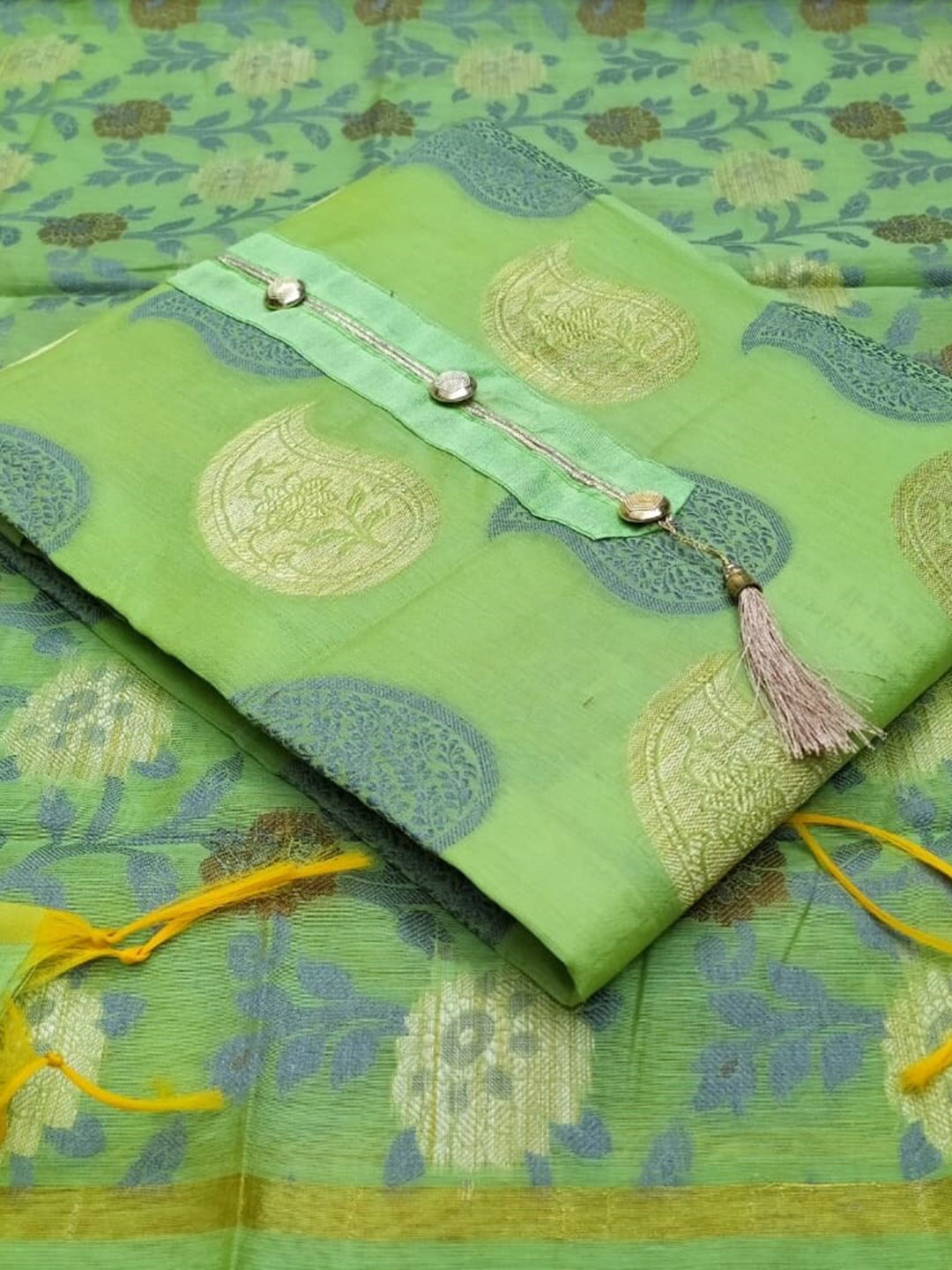 

MANVAA Ethnic Motifs Woven Design Unstitched Dress Material, Green