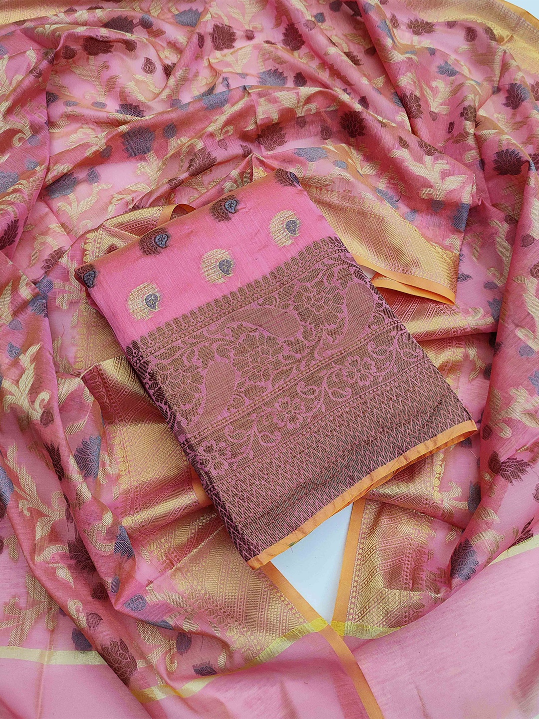 

MANVAA Ethnic Motifs Woven Design Unstitched Dress Material, Pink