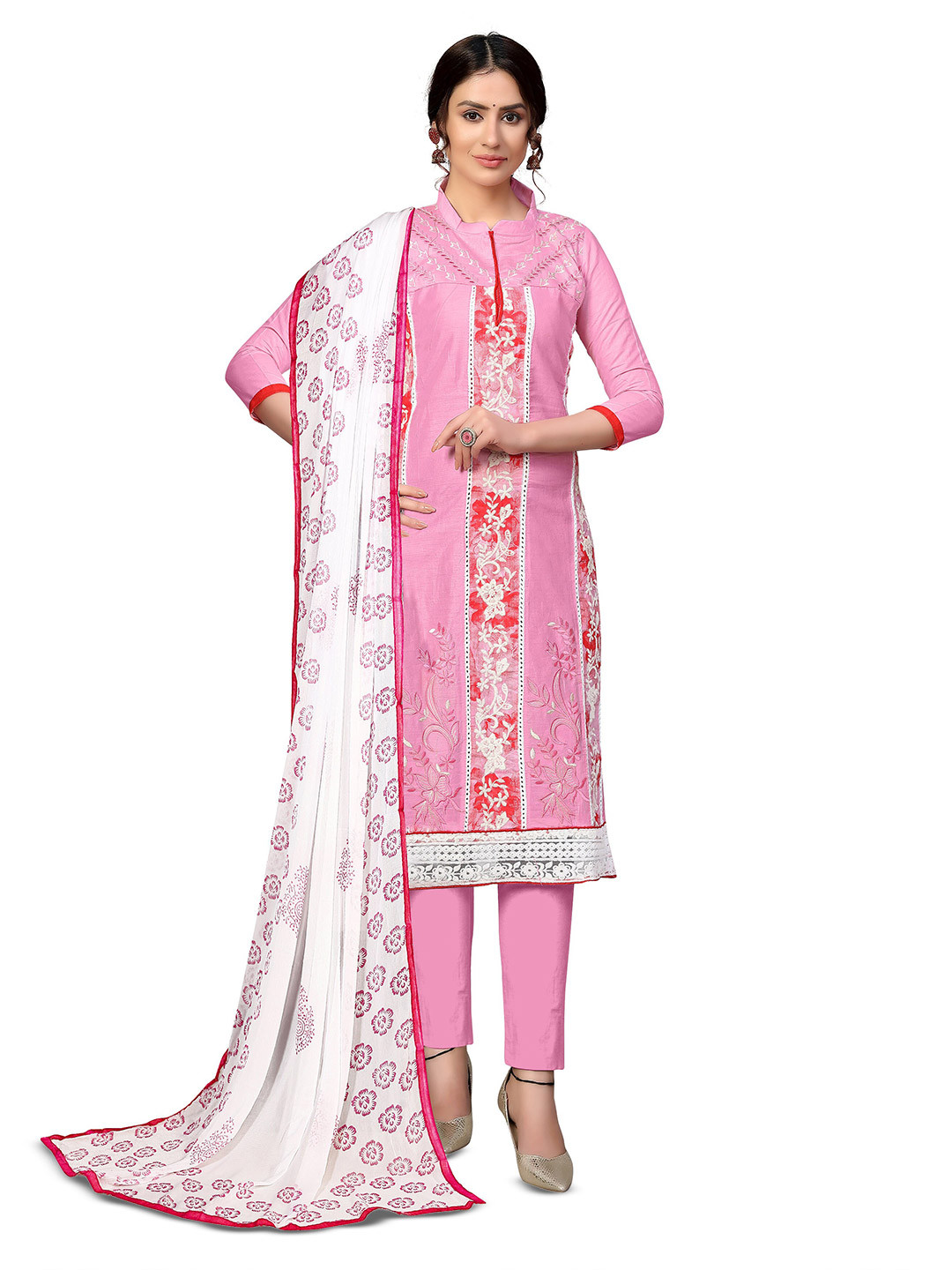 

MANVAA Floral Embroidered Unstitched Dress Material, Pink