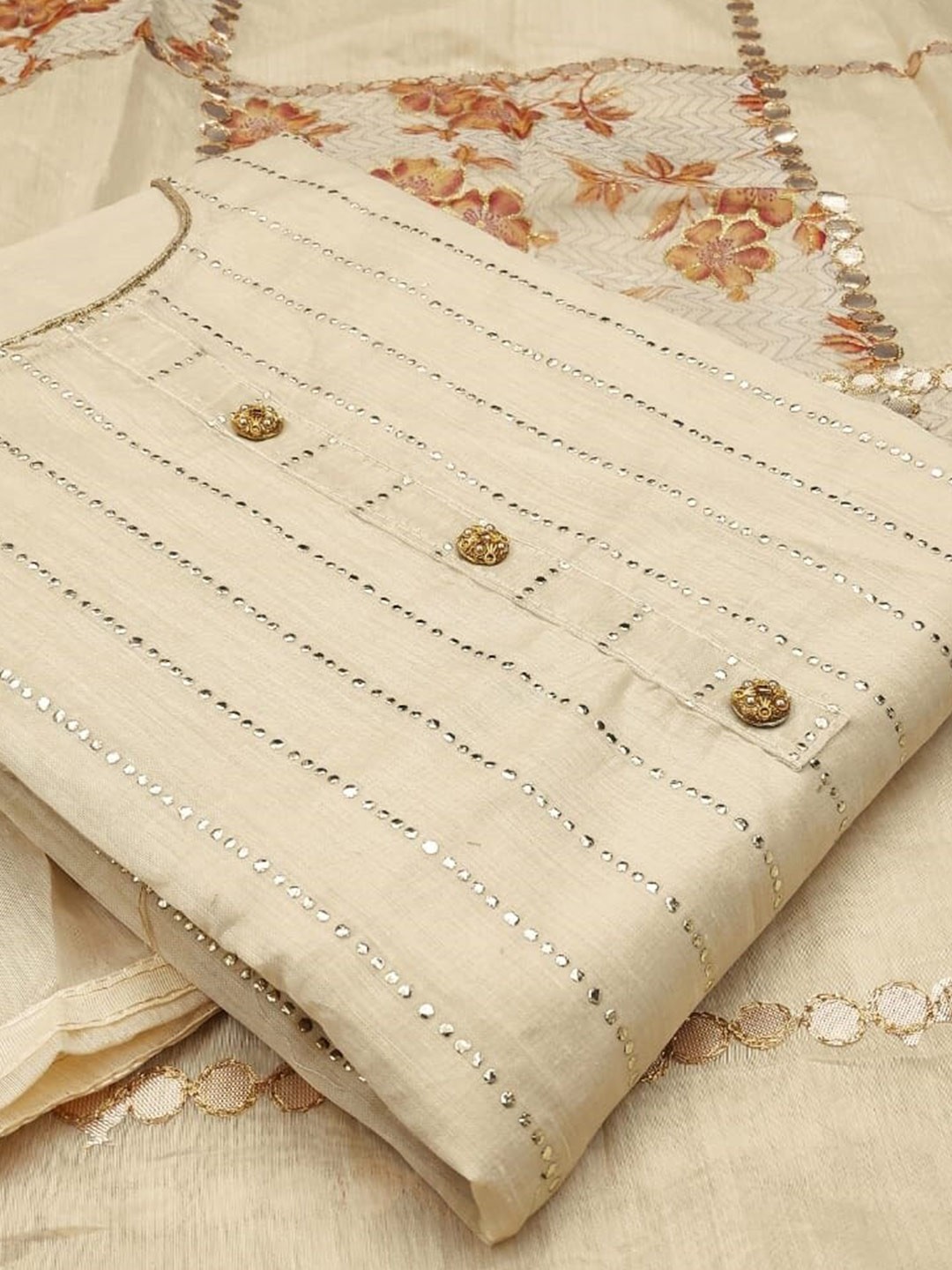 

MANVAA Striped Embellished Unstitched Dress Material, Beige