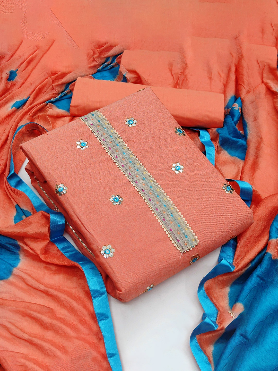 

MANVAA Floral Embroidered Gotta Patti Pure Cotton Unstitched Dress Material, Peach