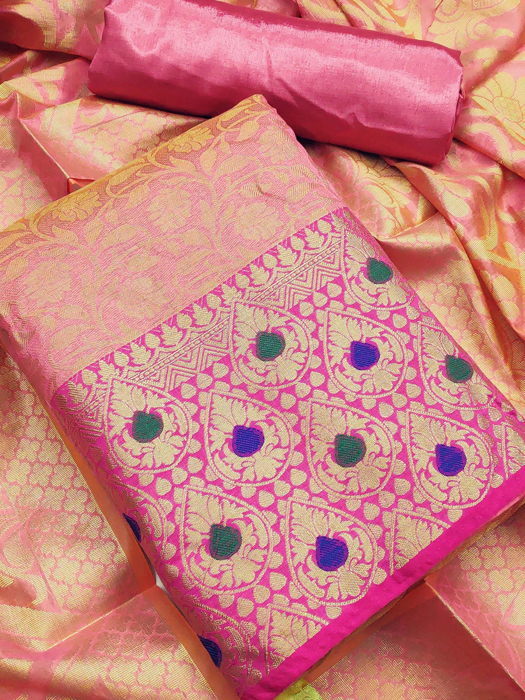 

MANVAA Ethnic Motifs Woven Design Unstitched Dress Material, Pink