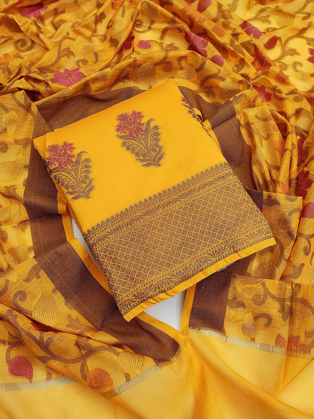 

MANVAA Floral Embroidered Dress Material, Yellow
