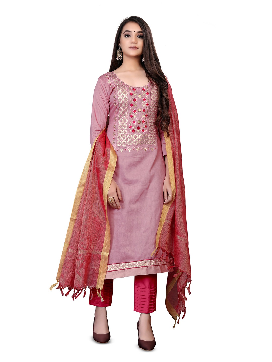 

MANVAA Floral Embellished Unstitched Dress Material, Pink