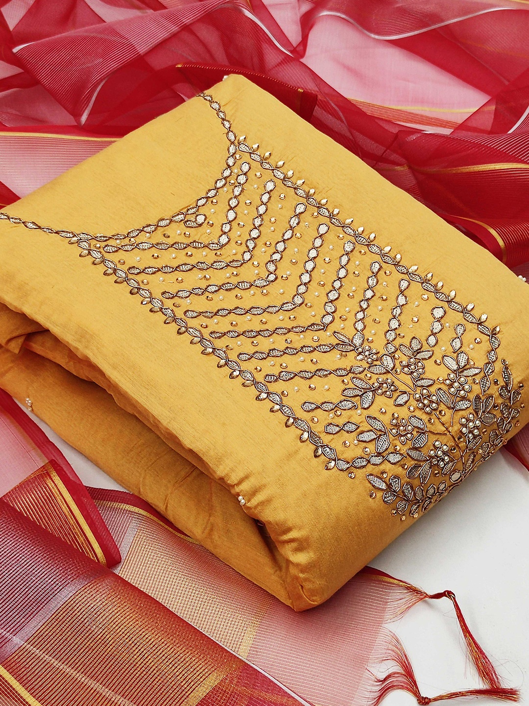 

MANVAA Embellished Unstitched Dress Material, Yellow