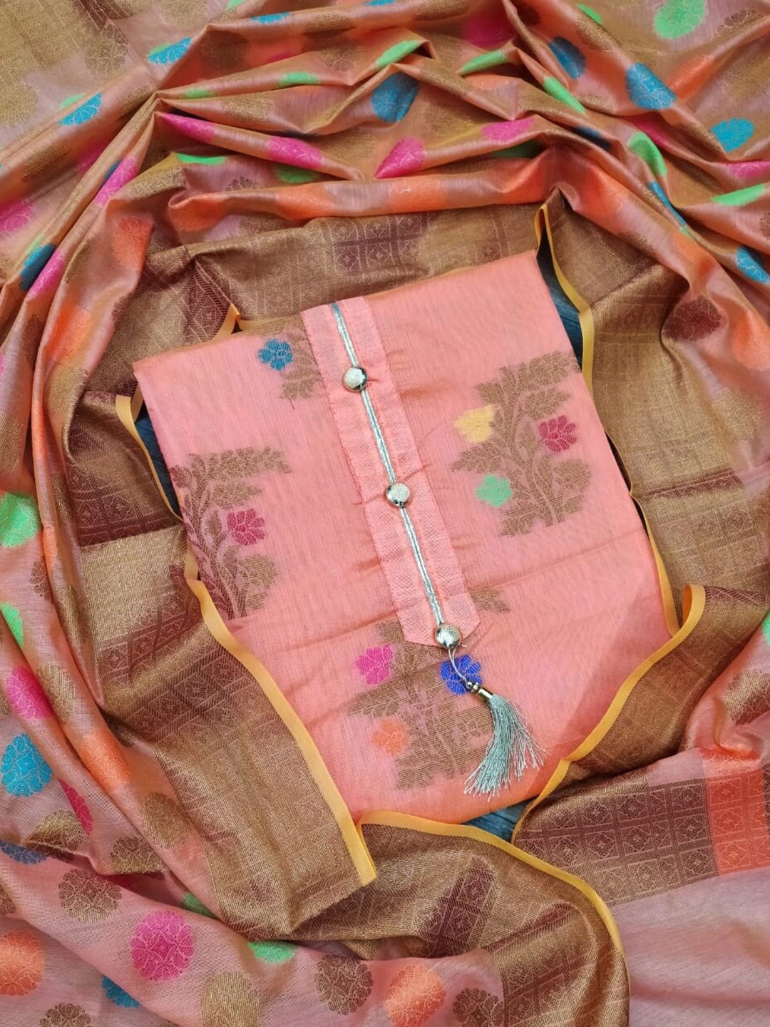

MANVAA Floral Embroidered Unstitched Dress Material, Peach