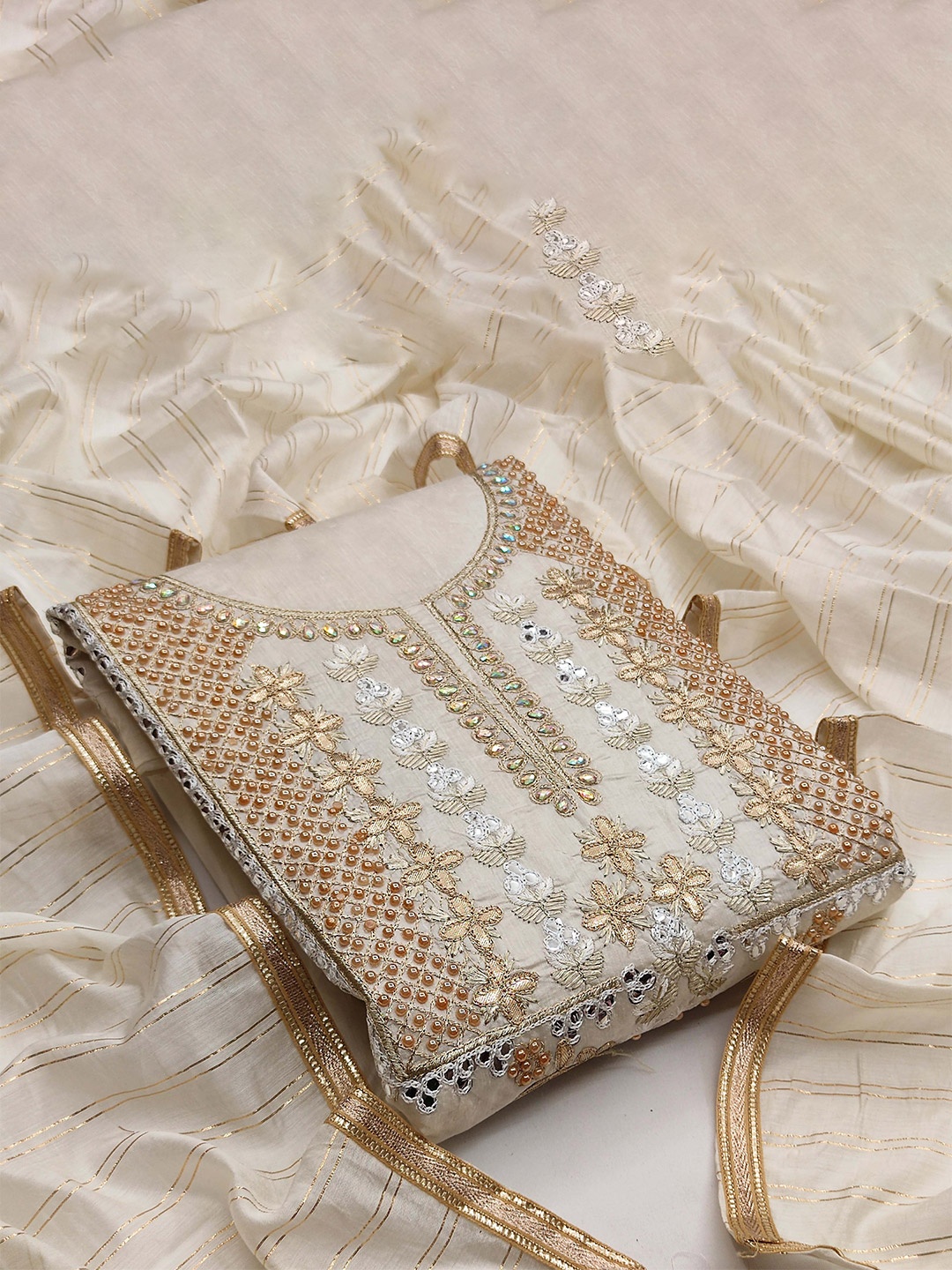

MANVAA Ethnic Motifs Embroidered Unstitched Dress Material, Beige
