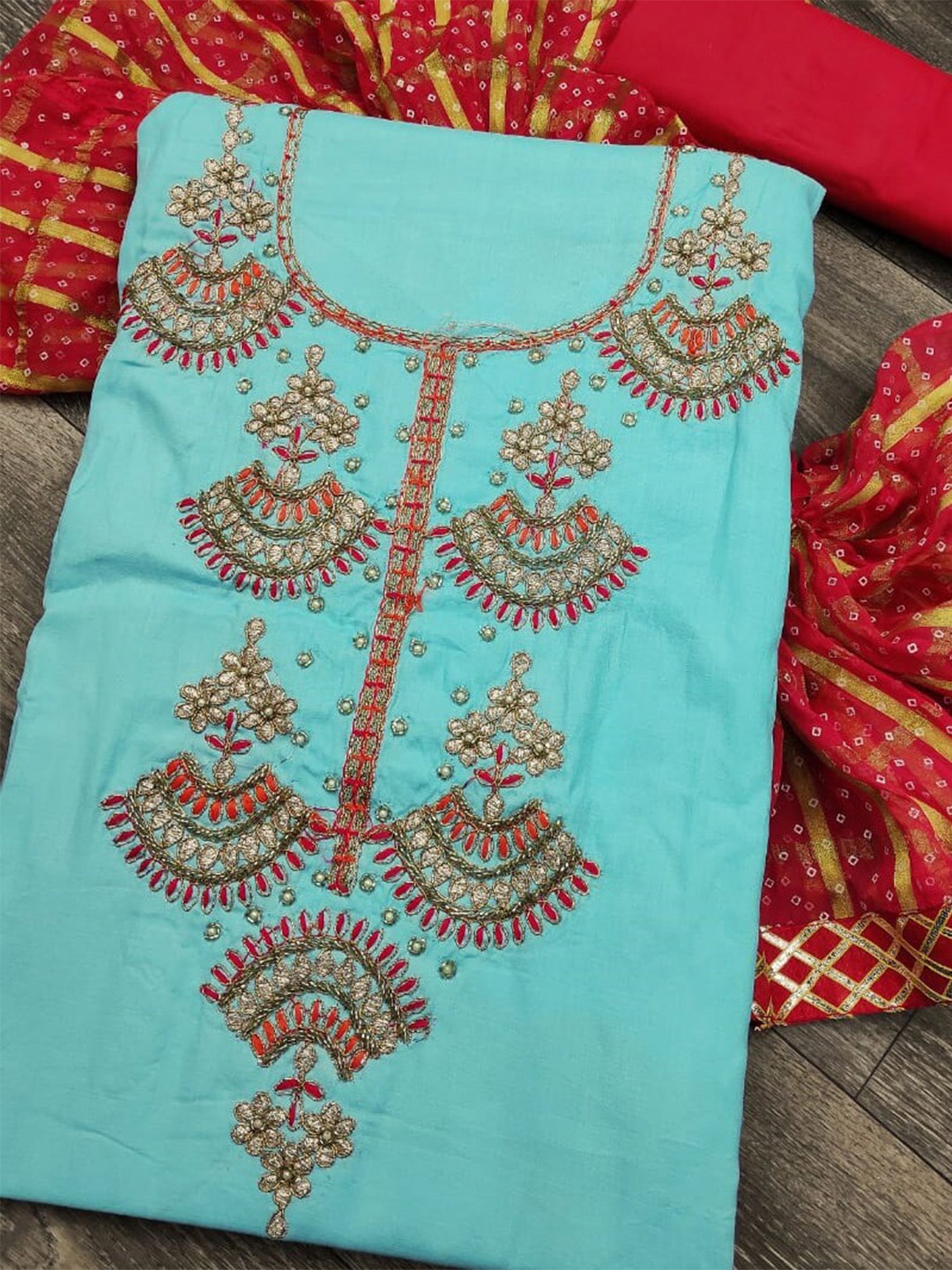 

MANVAA Floral Embellished Beads and Stones Unstitched Dress Material, Blue