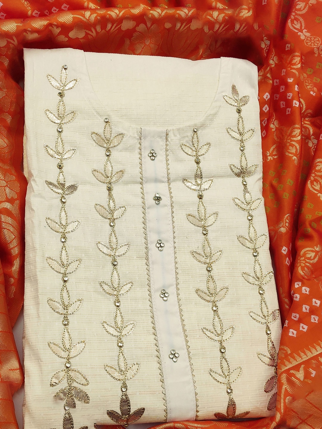 

MANVAA Floral Embroidered Beads & Stones Unstitched Dress Material, Beige