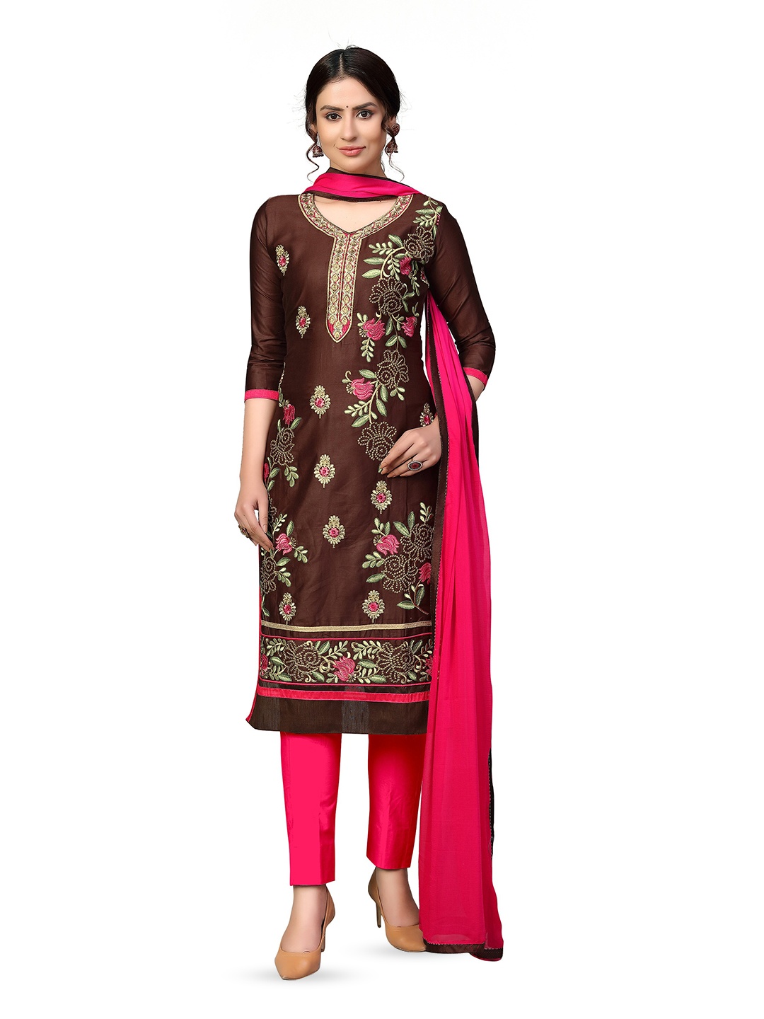 

MANVAA Ethnic Motifs Embroidered Unstitched Dress Material, Brown