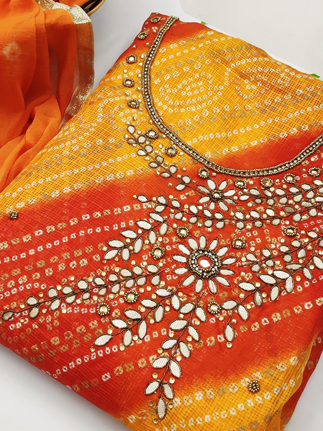 

MANVAA Bandhani Embellished Gotta Patti Unstitched Dress Material, Red
