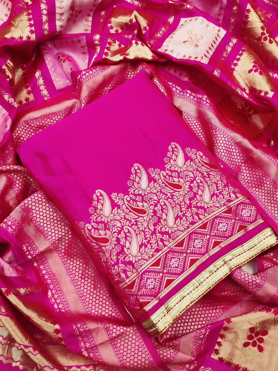 

MANVAA Ethnic Motifs Woven Design Zari Unstitched Dress Material, Pink