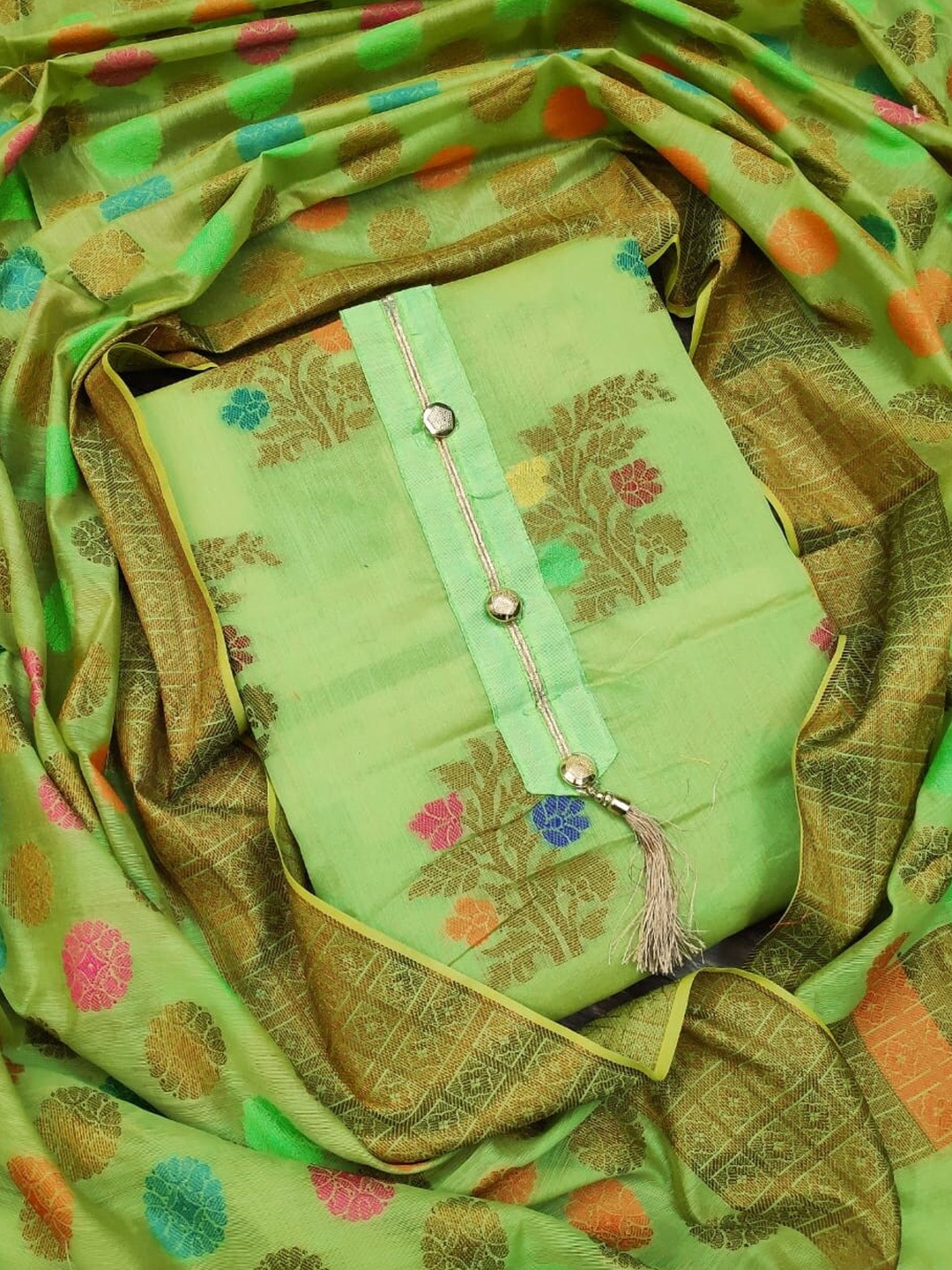 

MANVAA Ethnic Motifs Woven Design Zari Unstitched Dress Material, Green