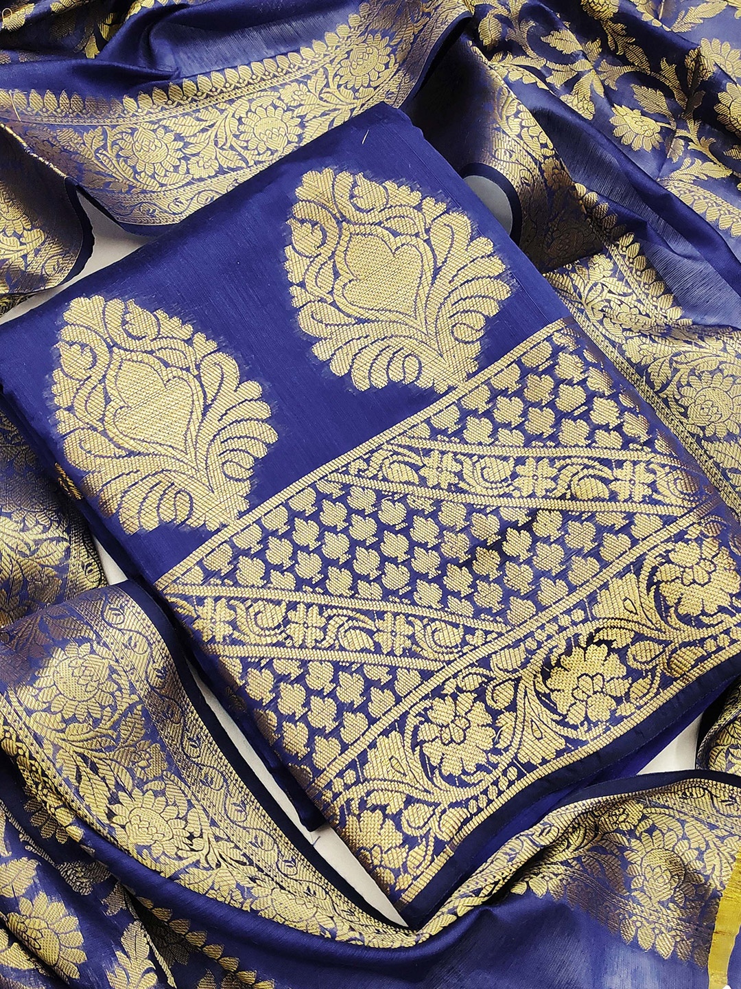 

MANVAA Ethnic Motifs Woven Design Zari Unstitched Dress Material, Blue