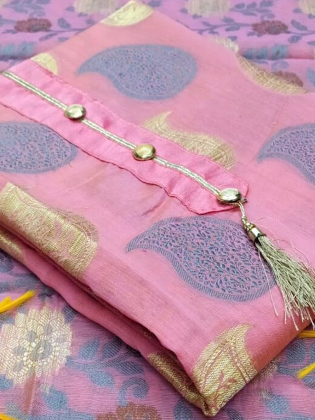 

MANVAA Paisley Woven Design Zari Banarasi Jacquard Unstitched Dress Material, Pink