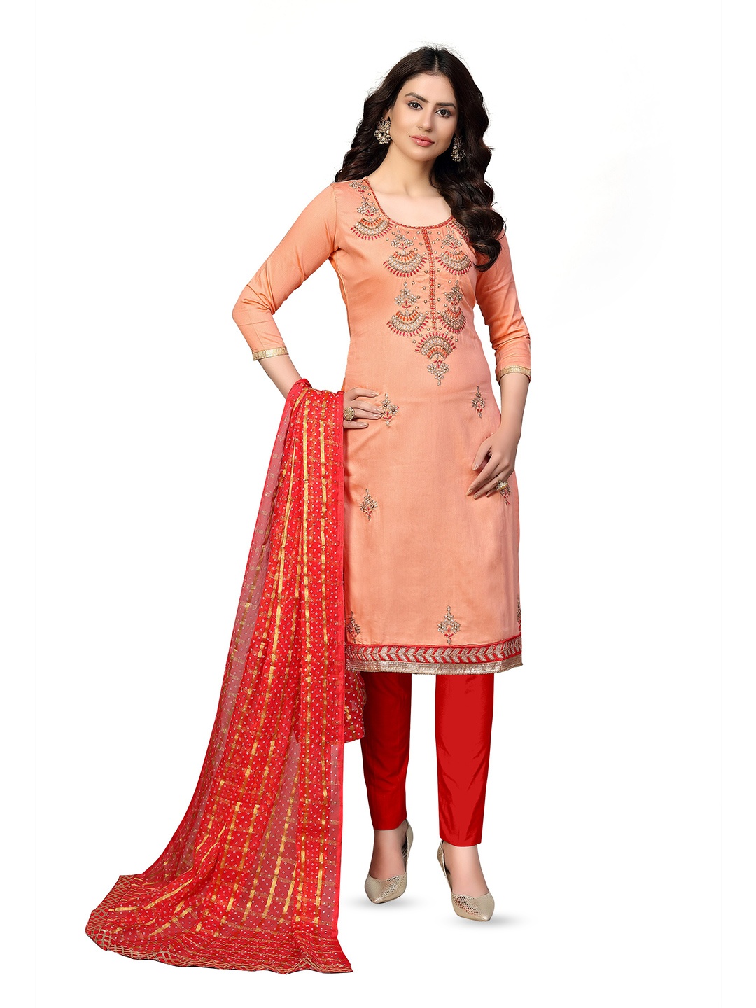 

MANVAA Ethnic Motifs Embroidered Beads and Stones Unstitched Dress Material, Peach