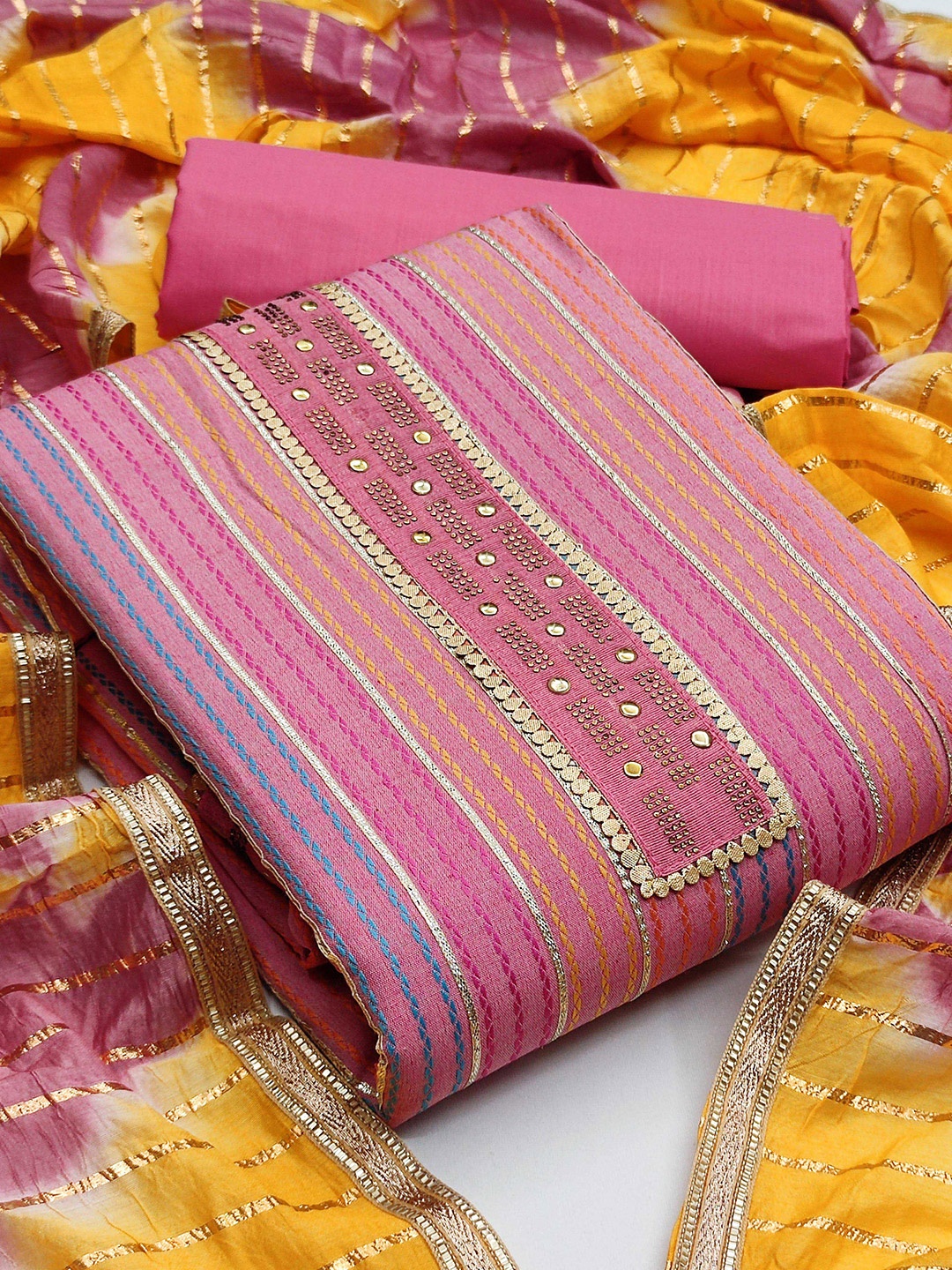 

MANVAA Striped Gotta Patti Pure Cotton Unstitched Dress Material, Pink